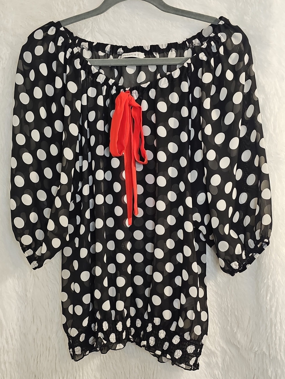 Black & White Polka Dot Off-Shoulder Blouse with Red Tie